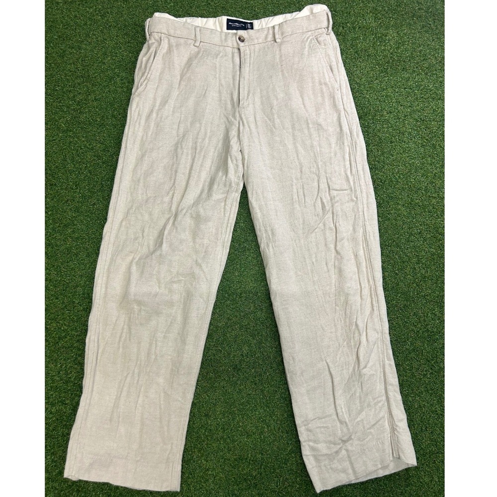Abercrombie & Fitch Mens Linen Blend Pants Beige Straight Leg Trousers 34x31